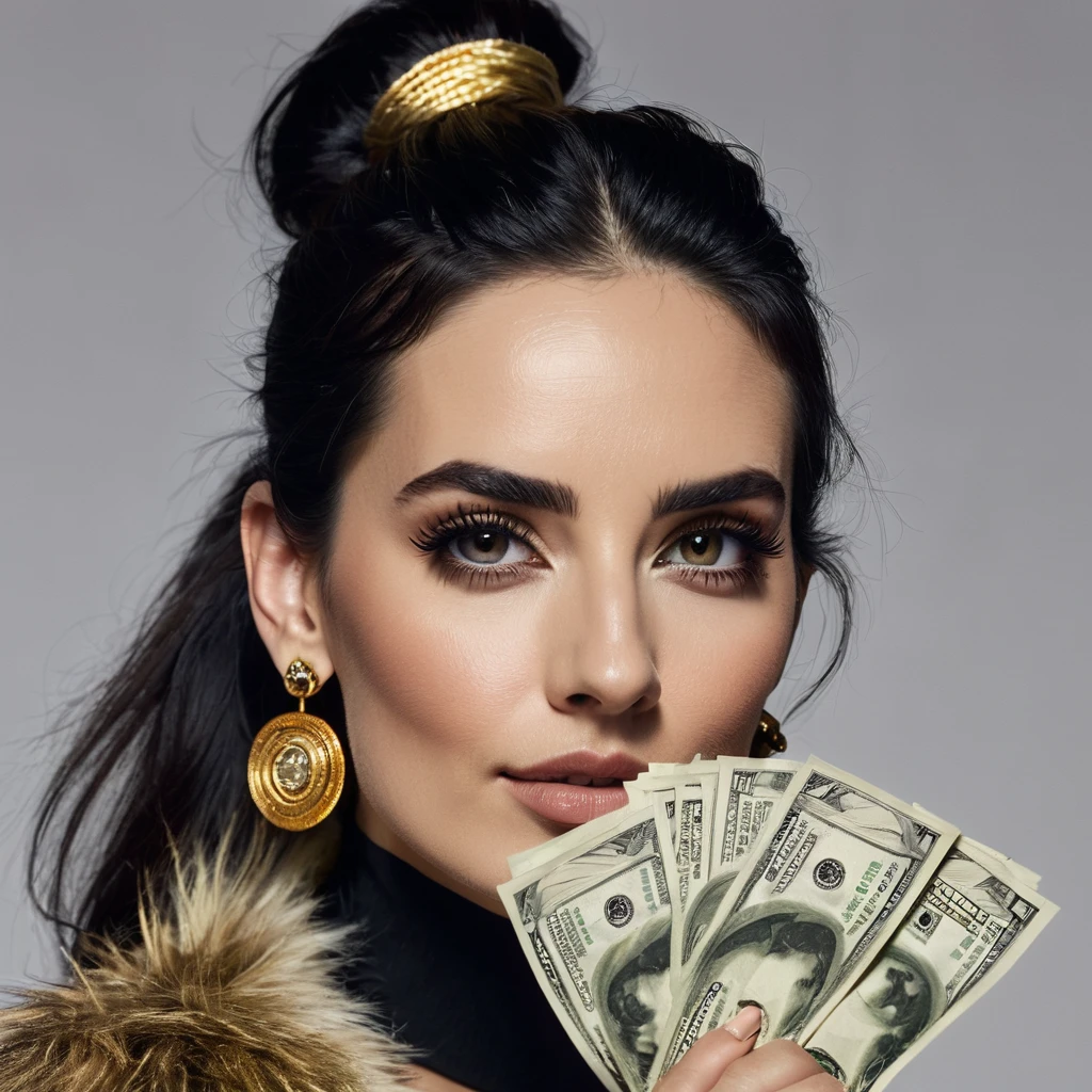 white woman, some facial hair, big nose, makeup, black hair tied back, wears huge shaggy, thick and neat beard, black eyes, seductive and proud look, large golden earrings, holds dollar bills