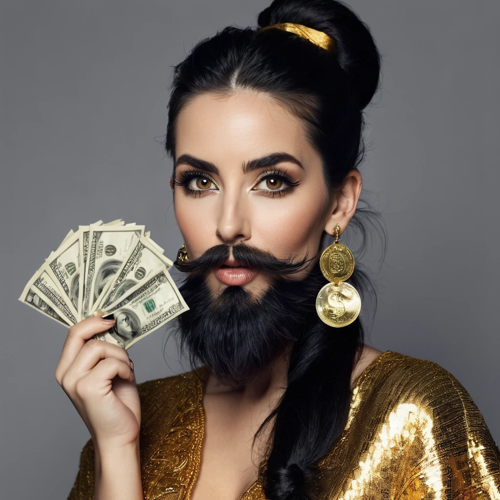 white woman, some facial hair, big nose, makeup, black hair tied back, wears huge shaggy, thick and neat beard, black eyes, seductive and proud look, large golden earrings, holds dollar bills