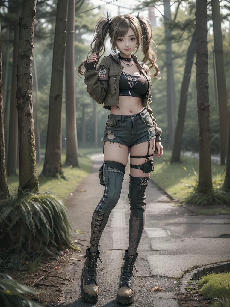 (Hostess:1.3)、(Smiling with teeth showing:1.3),(Shibuya Gal:1.5)、(Landmine Girl:1.4)、(Lolita Fashion:1.5)、(Punk RockVisual Kei:1.4)、(A modern short jacket in dark grey and moss green.:1.5)、(Tattered brown and charcoal denim low rise cargo pants:1.5)、(Mustard Yellow Headband:1.3)、(Charcoal and khaki striped knee socks:1.4)、collar、(Brown platform long boots)、(Clothing with logo pattern:1.4)、20-year-old、Browsing Caution,((Highest quality、In 8K、masterpiece:1.3))、Sharp focus:1.2、(Layered Cut、Huge breasts:1.1),Beautiful woman with perfect figure:1.4、(Doing an aerobics pose:1.3)、Slim Abs:1.2、Butt、Highly detailed face and skin texture、Fine grain、double eyelid,(Twin tails:1.3)、(Brownish golden hair:1.3)、Obscene、Idol Sculpture、(The landscape is a beautiful temple of water and forest:1.3)、(Slimming your legs:1.4)、(The body is slim:1.3)、(clavicle:1.1)