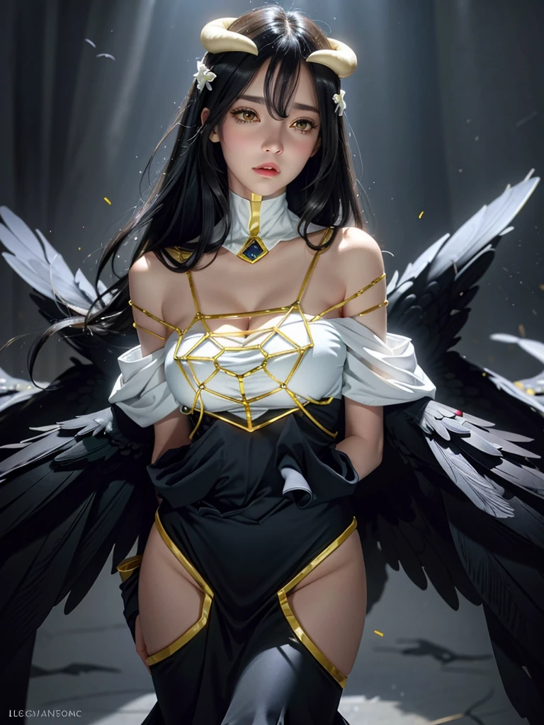 ((best quality)),(Ultra-high resolution),(Super detailed),(Detailed description),((Best CG))(Fantasy art with precise details:1.5), Black Hair，European classical long dress，(1 Female Angel:1.6),Angel Wings，side，Injuried，Blood，Half kneeling，Serious expression，get shot，Being chopped