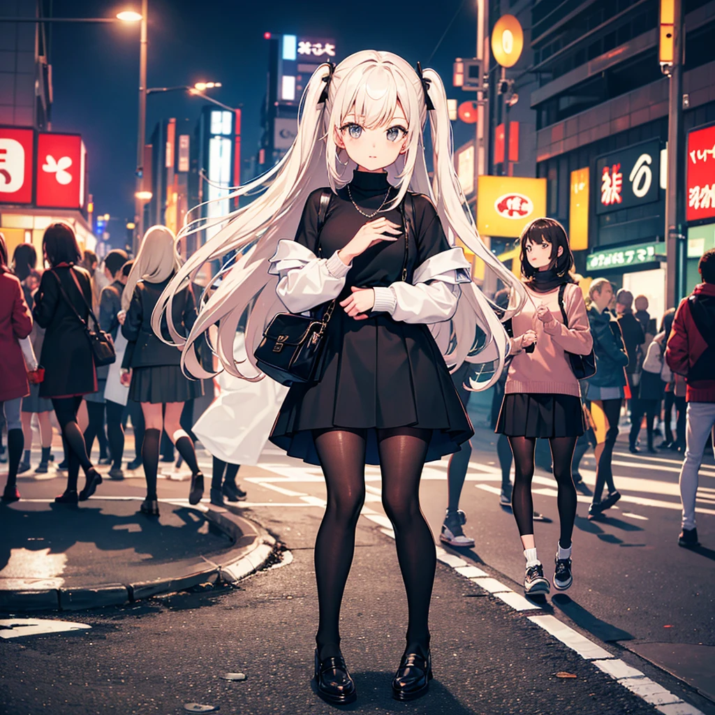 high quality,masterpiece,Knitted sweater,mini skirt,black tights,Tokyo nightlife,