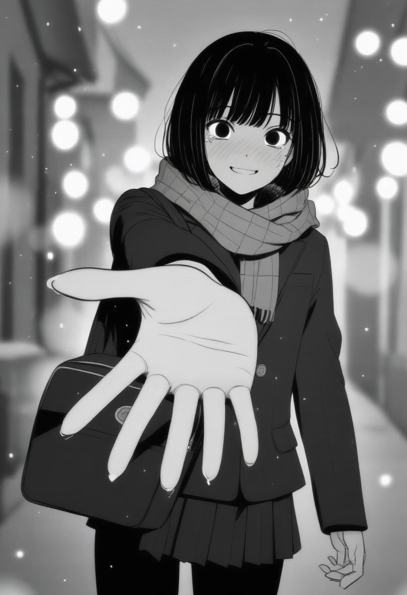 masterpiece, best quality, 1girl, mamerakkkkko, grayscale, manga style, japanese, chi no wadachi, black eyes, street, iced, black hair, schoolbag, smile, lineart, black coat, black scarf, black pleated skirt, leggins, centered, 18 years old, tall, fair skinned, bokeh background, crying, tears, tears streaming, bob cut, light particles, centered, snowing, (((reaching out a hand to viewer, perfect hand, detailed hand:1.1))