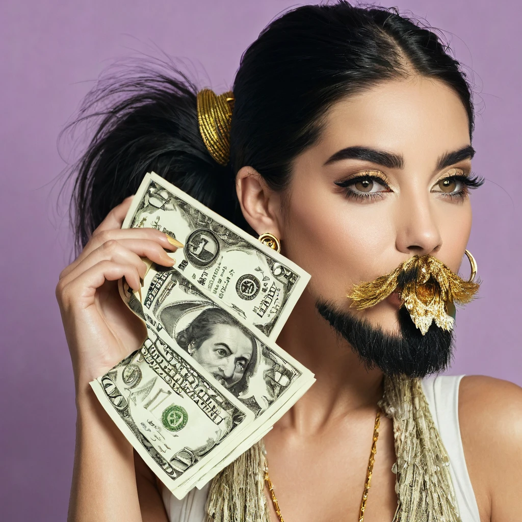 white woman, some facial hair, big nose, makeup, black hair tied back, wears huge shaggy, thick and neat beard, black eyes, seductive and proud look, large golden earrings, holds dollar bills