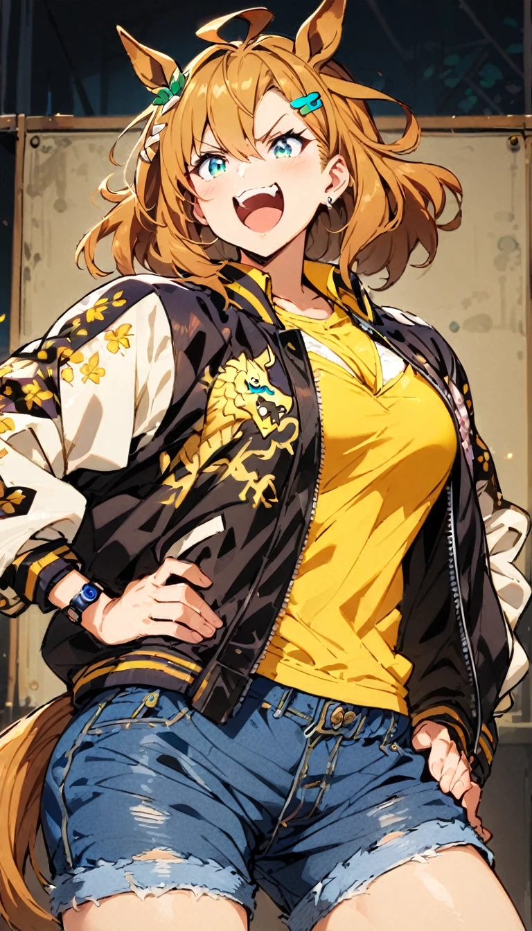 (8k, RAW photo, highest quality, masterpiece), (solo, 1 girl, ahoge: 1.2), ink painting, Uma Musume, shine, horse ears, horse tail, Uma Musume, 5 fingers, dynamic lighting, High resolution, sharp focus, depth of field, fashionable, elegance, charming, seductive, gorgeous, stunning, beautiful, charming, cute, beautiful detailed face, beautiful detailed eyes, soft expression, slim beautiful figure, Curvy, hourglass shape, large bust, slender arms, graceful hands, delicate fingers, slender wrists, elegant neck, smooth skin, dynamic angles, perfect composition, Perfect anatomy, natural fingers, 5 fingers,((jungle pocket \(umamusume\),Short hair, chestnut colored hair, black hairpin,cowboy shot, hand on hip, ear ornament, hairclip, Confident, triumphant, bullish expression,Sukajan, jumper,Satin,Yellow T-shirt, blue shorts, denim pants