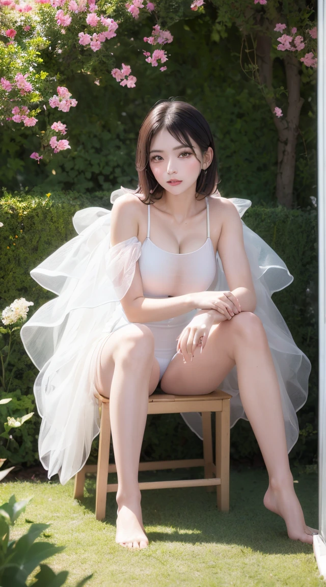(Extremely detailed CG Unity 8K wallpaper, masterpiece, best quality), (Exquisite light and shadow, Very dramatic picture, Lens Effects), Exquisite facial features, Charming smile, Tight top, White gloves, ((one-piece swimsuit,White transparent tulle coat)),sit on the chair,Open your legs),Squat, (Garden background full of flowers) (Excellent details, Excellent lighting, Wide Angle), (Excellent rendering, Enough to be proud of one's own kind),Sexy body,Adequate breasts,Visible cleavage。
