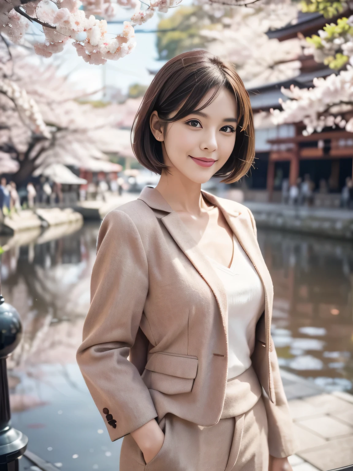 50-year-old women,Retro Photography, 1960s , AGFA, Kodak, One girl, Lookwg_w_Audience, smile, Japan, Tokyo, Cherry Blossom, Octane Renderwg, 一人w, Very skwny,V-neck suit