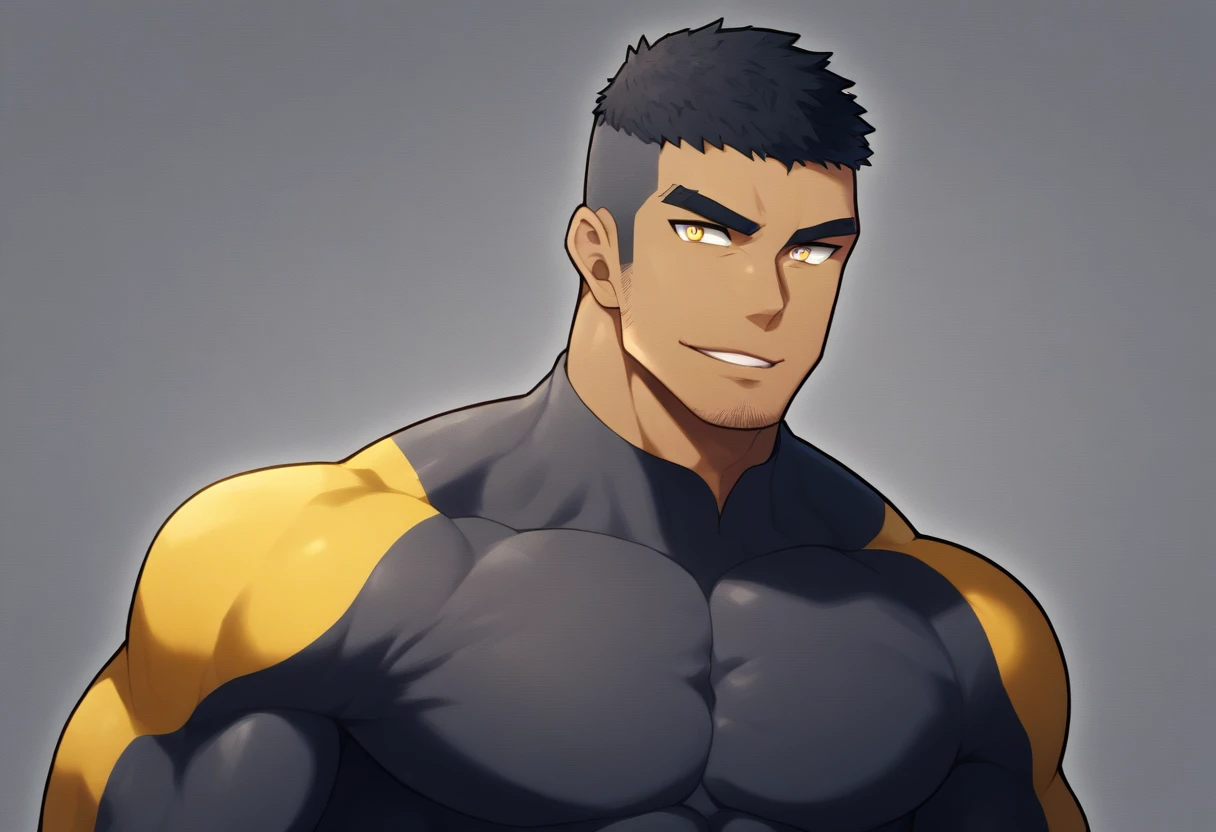 anime characters：Gyee, Muscle Sports Student, negro black skin, 1 dark skin muscular tough guy, Manliness, male focus, Dark grey high collar long sleeve wetsuit, Matte texture, Very tight, Round, full and perky chest muscles, Slightly transparent, muscular male, muscular, only, Upper body, alone, Black short hair, Thick eyebrows, stubble, Yellow eyes, Grey background, simple background, amazing quality, best aesthetics, Ridiculous, bright pupils, crew cut, parted lips, seductive smile, torogao, naughty face, drop shadow, best quality