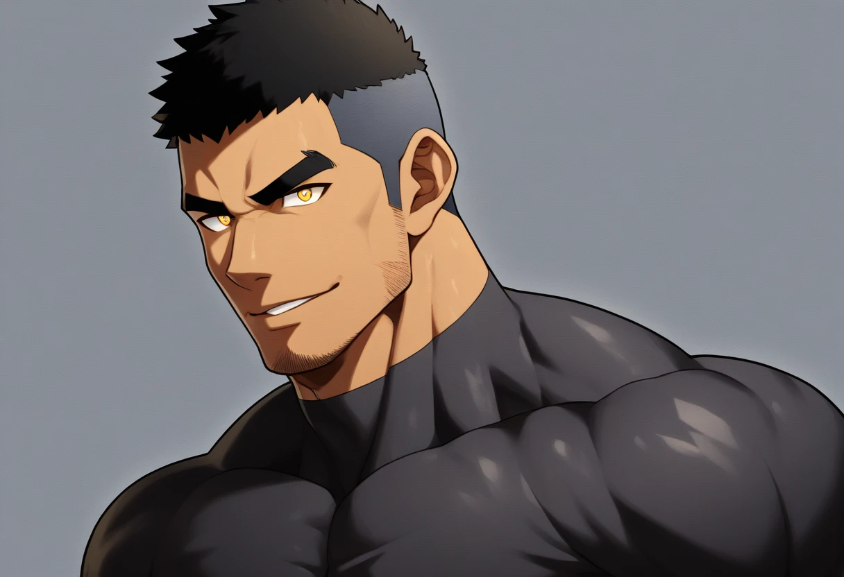 anime characters:Gyee, Muscle Sports Student, negro black skin, 1 dark skin muscular tough guy, Manliness, male focus, Dark grey high collar long sleeve wetsuit, Matte texture, Very tight, Round, full and perky chest muscles, Slightly transparent, muscular male, muscular, only, Upper body, alone, Black short hair, Thick eyebrows, stubble, Yellow eyes, Grey background, simple background, amazing quality, best aesthetics, Ridiculous, bright pupils, crew cut, parted lips, seductive smile, torogao, naughty face, drop shadow, best quality