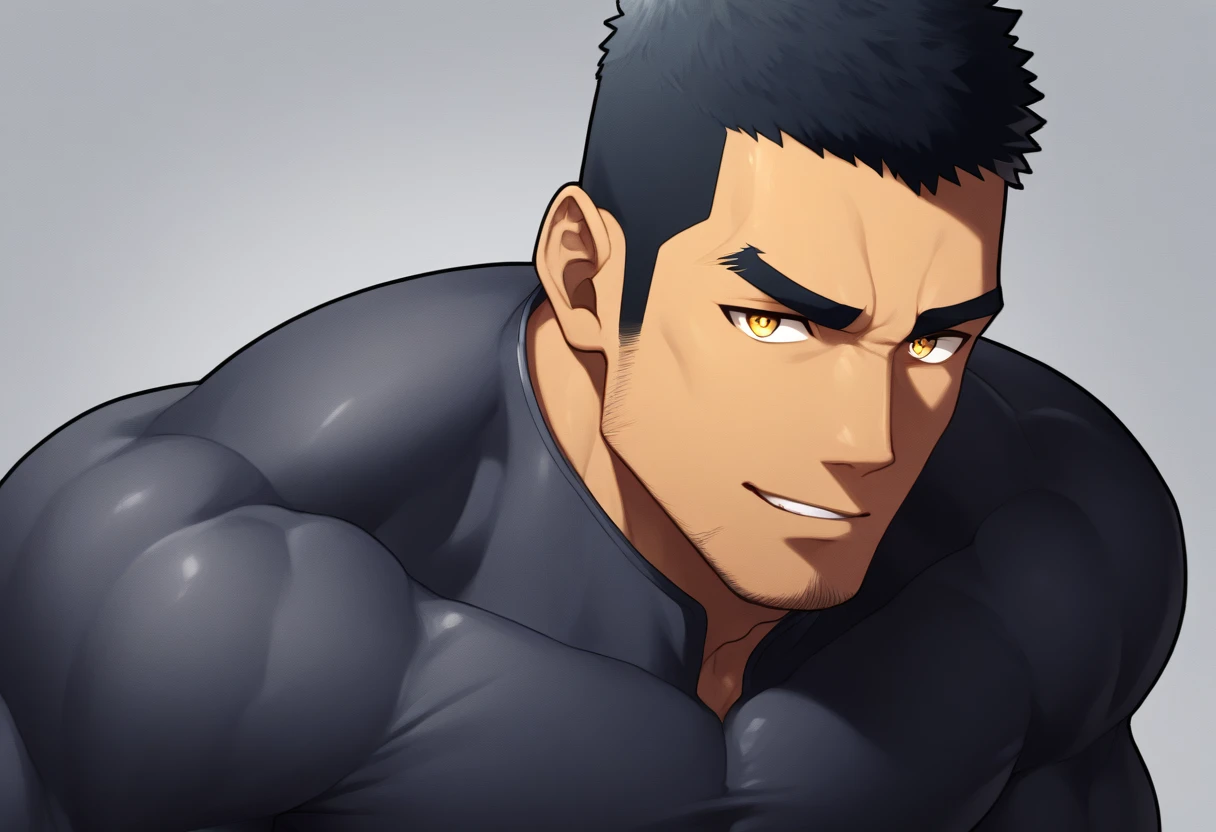 anime characters:Gyee, Muscle Sports Student, negro black skin, 1 dark skin muscular tough guy, Manliness, male focus, Dark grey high collar long sleeve wetsuit, Matte texture, Very tight, Round, full and perky chest muscles, Slightly transparent, muscular male, muscular, only, Upper body, alone, Black short hair, Thick eyebrows, stubble, Yellow eyes, Grey background, simple background, amazing quality, best aesthetics, Ridiculous, bright pupils, crew cut, parted lips, seductive smile, torogao, naughty face, drop shadow, best quality