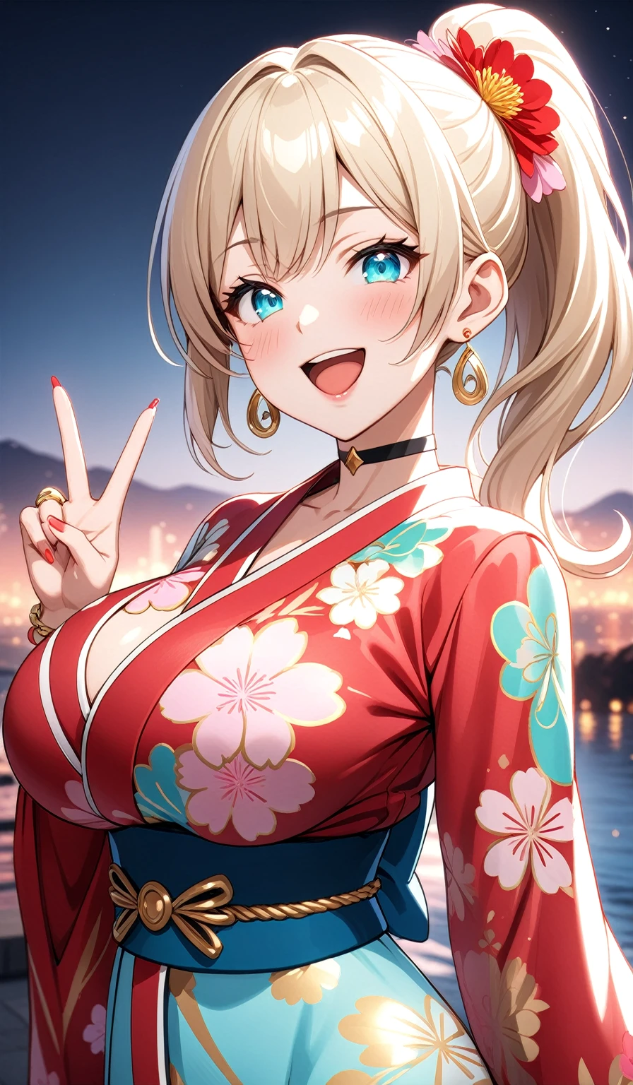 ((One personの女性)), Beautiful Face, ((Laughing embarrassedly)), (laugh),((Wink:1.7)),(peace sign),  (head tilt), Laugh with your mouth wide open,((Bright red cheeks:1.4)),Shiny red lips,night,横浜のnight景,You can see the ocean, firework,Laughing with your mouth open,Glossy pink lips,Facial lighting,((Anime style background)),masterpiece, Highest quality, so beautiful,up to date, Complex details, (Pink long nails),(ring),(bracelet),(choker),AI-generated, Complex,High resolution, Highest quality, super high quality,3D Images、3D Images,One person,Long blonde hair,High Ponytail,(turquoise blue eyes),Anime woman posing for a photo, ((Fine grain、Colorful eyes、Shining Eyes:1.3)),(Squint your eyes:1.1),a hyperRealistic , hyperRealistic , Realistic,Anime woman with long white hair, Smooth anime CG art, A woman in a colorful kimono with gold embroidery, (Pink long sleeve kimono),Red floral pattern,Long flower hair ornament,Earrings,Mature Body,(Big Breasts:1.1),Tall,Abdominal muscles,Tight waist,(Zoom up to face:1.5),(front view),