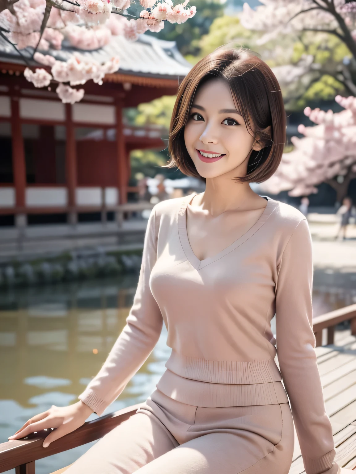 50-year-old women,Retro Photography, 1960s , AGFA, Kodak, One girl, Lookwg_w_Audience, smile, Japan, Tokyo, Cherry Blossom, Octane Renderwg, 一人w, Very skwny,V-neck suit