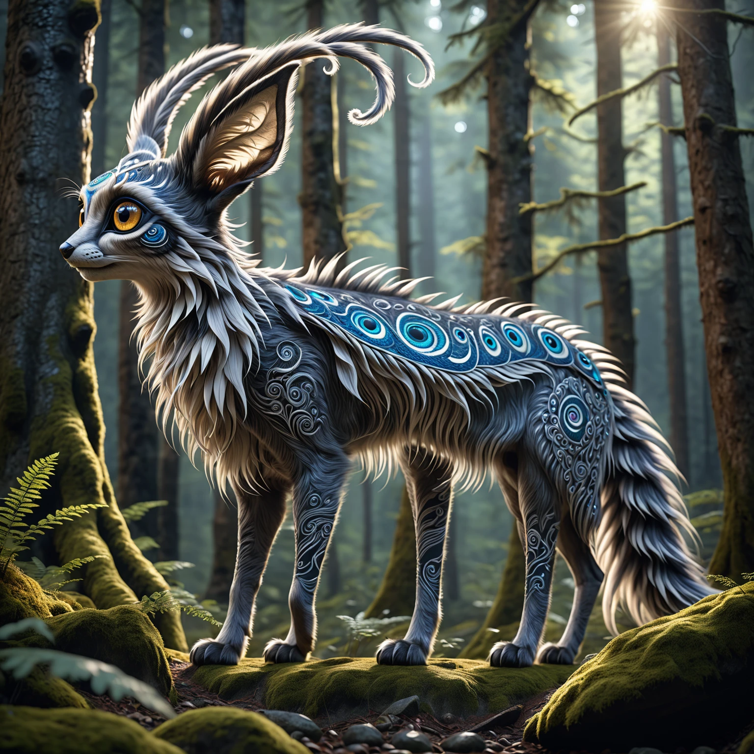 A mystical creature in a mountain forest, side view, massive eyes on its back, four ears, nine long tails, (best quality, 4k, 8k, highres, masterpiece:1.2), ultra-detailed, (realistic, photorealistic, photo-realistic:1.37), highly detailed animal, complex patterns, dramatic lighting, fantasy creature