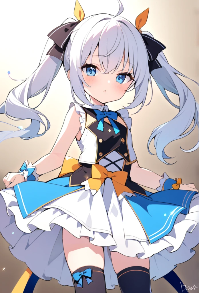 1 girl, cute, young, white hair, twintail, blue eyes, idol costume, thigh high,