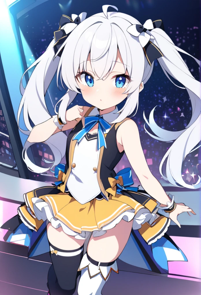1 girl, cute, young, white hair, twintail, blue eyes, idol costume, thigh high,