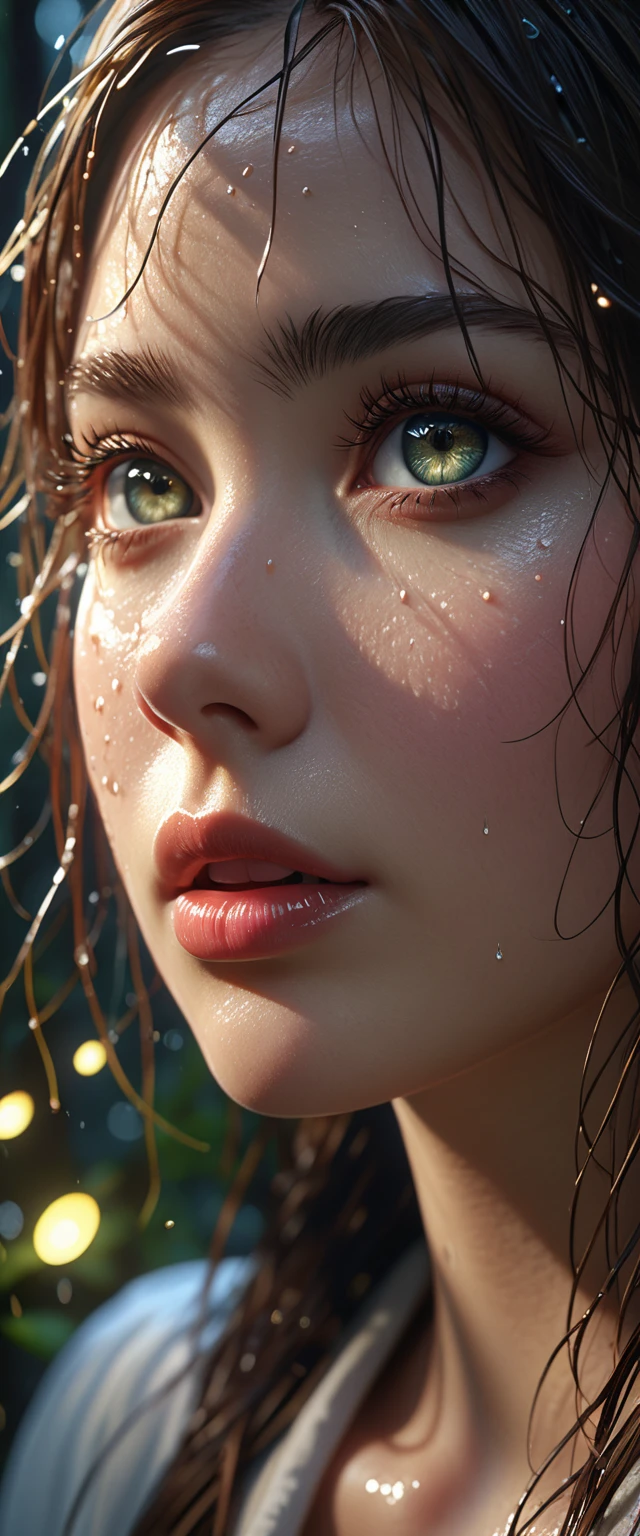 1girl, beautiful detailed eyes, beautiful detailed lips, extremely detailed face, long eyelashes, wild wet hair, beautiful girl, model, cinematic lighting, dramatic atmosphere, natural colors, detailed environment, fantasy forest, glowing fireflies, ethereal, intricate details, (best quality, 4k, 8k, highres, masterpiece:1.2), ultra-detailed, (realistic, photorealistic, photo-realistic:1.37)