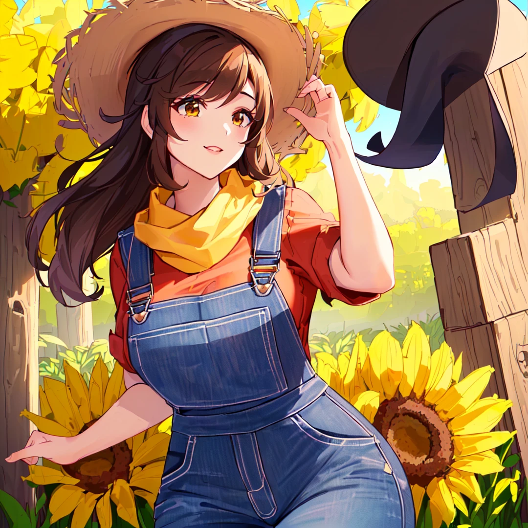 mavis ( a picture of a woman in a hat and overalls, abigail from stardew valley, high res, madeline from celeste, thic, safe for work, oc commission, sfw version, blue, full body:: sunny weather:: long brown hair Red shirt )
