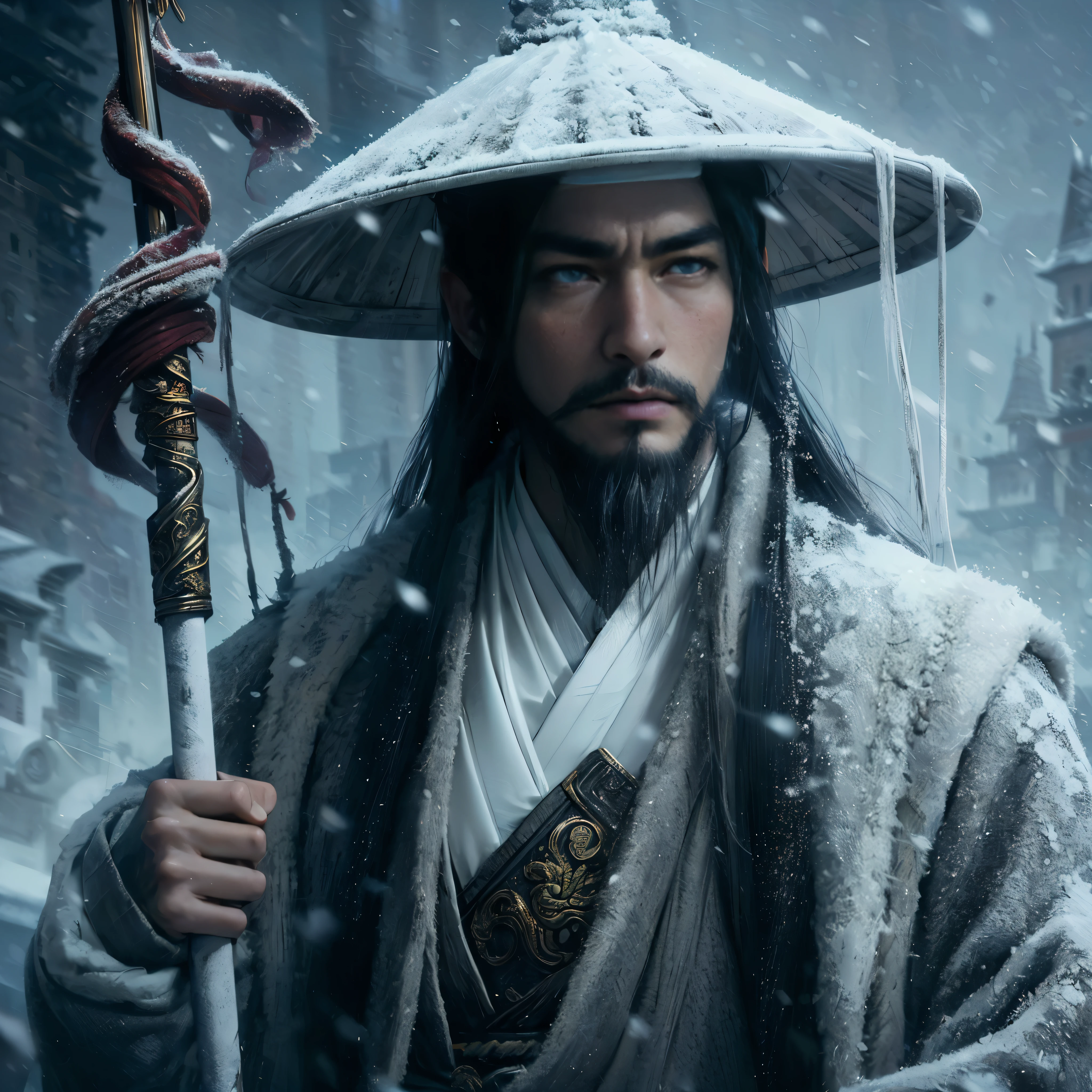 (Masterpiece:1.2), (Best Quality:1.2), (high resolution:1.2), (beautiful face and eye:1.2), (sharpest focus:1.2), (Ultra-realistic Photo:1.2), (Ultra-precise Photo:1.2), (Depth of field:1.2), (perfect anatomy:1.2), (nice hands:1.2),
(perfect hands:1.2), (five fingers:1.2), (Young, fearless, beautiful, shady Chinese man:1.0), (Lonely Chinese warrior with spear:1.0), (Neatly trimmed short beard and tied hair:1.0), (Blazing Chinese period drama style fortress:1.0),
(long spear with serpentine blade and ornate decoration:1.0), (white tsubakuhiro cap and cloak:1.0), (white armor with red, blue, and yellow coloring:1.0), (snowstorm:1.0), (melancholy expression:1.0), (picturesque standing figure:1.0),