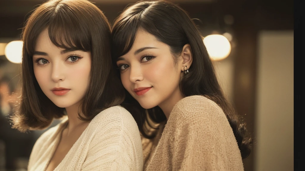 (1970s women:1.3), (1women:1.3), smile shyly, (highly detailed face), (extremely detailed beautiful face), (Early Showa hairstyle, retro hairstyle, 1940 fashionable clothing, oldies fashion:1.3), (Best Quality:1.4), (Ultra-detailed), extremely detailed CG unified 8k wallpaper, Realistic portrait, Beautiful detailed, High-definition raw color photos, professional photography, (fine face:1.2), focus on women, (oldies, oldies songs, Old photos, retro photos, sepia photos, valuable photos that give you a sense of the times), A scene from a retro movie from the 1970s,