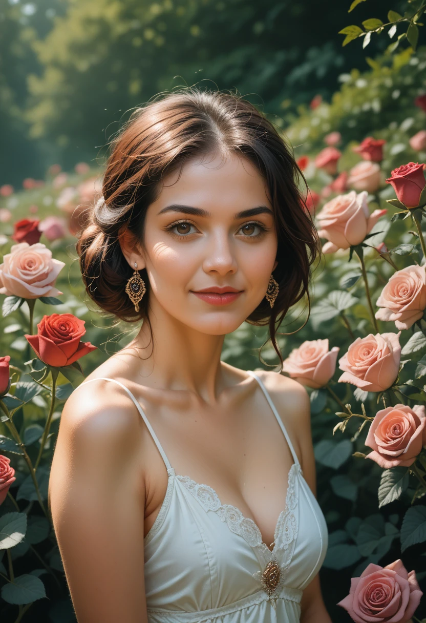 AlbedoBase XL 🎨 Dynamic, person, photorealistic, rose flowers scenery, 🔎 happy european woman in summer season