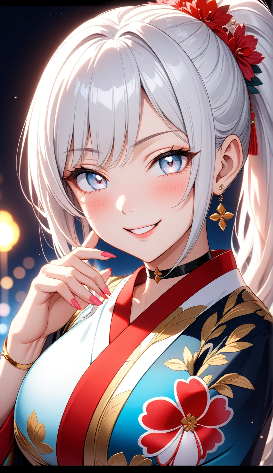 ((One personの女性)), Beautiful Face, (Laughing embarrassedly), (naughty face), ((Wink:1.8)), Laugh with your mouth wide open,((Bright red cheeks:1.4)),Shiny red lips,night,横浜のnight景,You can see the ocean, firework,,Glossy pink lips,Facial lighting,((Anime style background)),masterpiece, Highest quality, so beautiful,up to date, Complex details, (Pink long nails), (ring),(bracelet),(choker),AI-generated, Complex,High resolution, Highest quality, super high quality,3D Images、3D Images,One person,Long white hair,High Ponytail,(blue eyes),Anime woman posing for a photo, ((Fine grain、Silvery white colorful eyes、Shining Eyes:1.3)),(Squint your eyes:1.1),a hyperRealistic , hyperRealistic , Realistic,Anime woman with long white hair, Smooth anime CG art, A woman in a colorful kimono with gold embroidery, (Black long sleeve kimono),Red floral pattern,Long flower hair ornament,Earrings,Mature Body,(Big Breasts:1.1),Tall,Abdominal muscles,Narrow waist,(Zoom up to face:1.4), ((front view)),