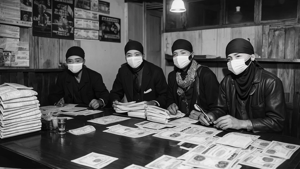 1930s, monochrome photography, A group of robber gang in Southeast Asia, ((large amount of bills)), mouth and nose covered with a black bandana, ((black bandana)), 32K, Best quality, Masterpiece, super detail, High Details,