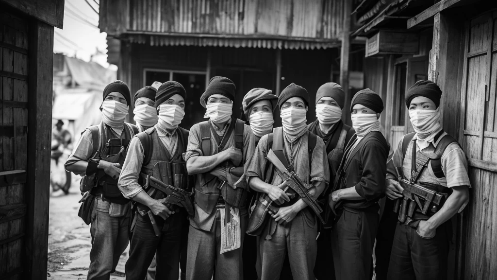 1930s, monochrome photography, A group of robber gang in Southeast Asia, ((large amount of bills)), mouth and nose covered with a black bandana, ((black bandana)), 32K, Best quality, Masterpiece, super detail, High Details,