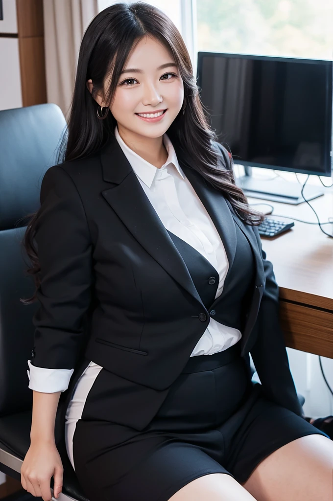 reception、One woman、Chubby、Sitting at a desk、Black suit、Long Hair、Black Hair、F Cup、Smiling、