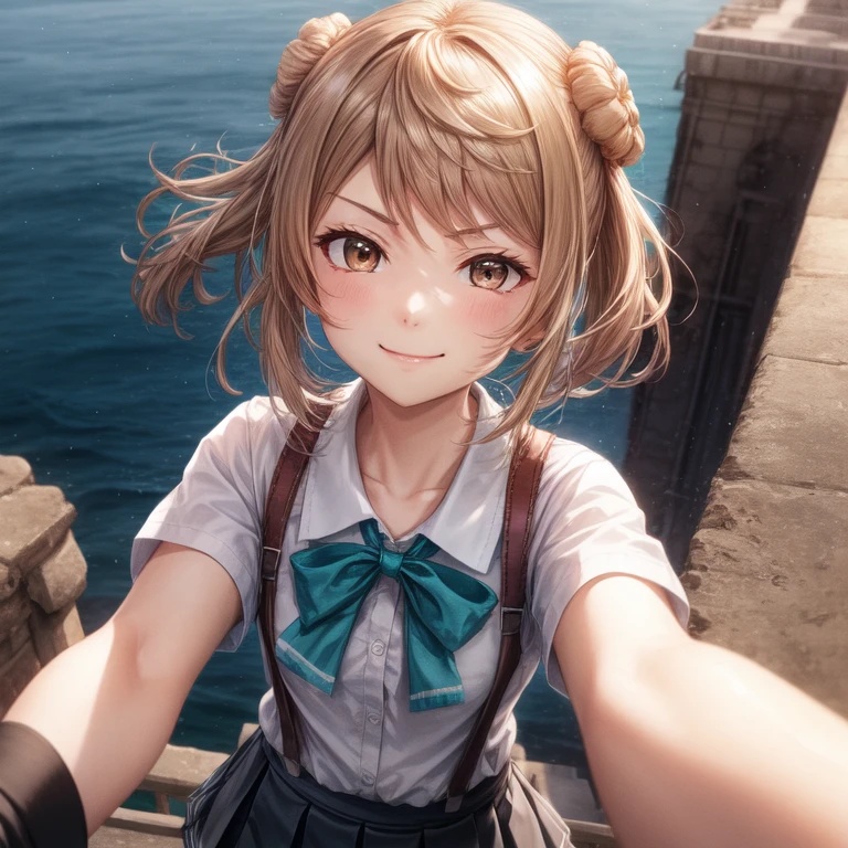 lovelive!,closed mouth,closed nose,serious,((masterpiece)),(best quality),official art,extremely detailed CG,unity 8k wallpaper,ultra detailed,A lighthouse on a cliff by the sea,1girl,solo,upper body,(portrait:1.2),looking at viewer,double_bun,suspenders,short_twintails,school_uniform,brown_hair,white_shirt,black_socks,smile,brown_eyes,pleated_skirt,aqua_bow,loafers,serious,small breast