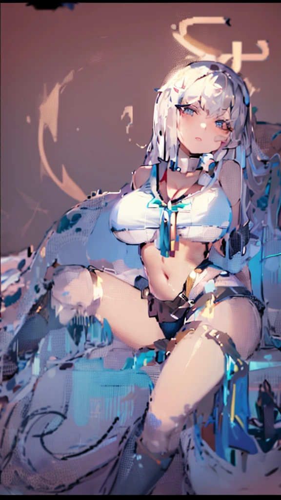 (((Masterpiece))),(((best quality))),((Ultra Detail)),(Clarity),Angel Maiden,Wear revealing clothing,White long straight hair,Wearing a collar around the neck,Charming long legs