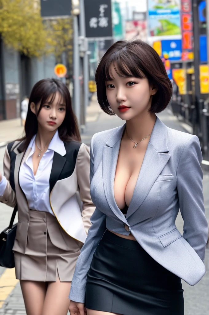 a 21 year old face of the most beautiful actress in the world, the perfect body proportions of a female, worn blazer on formal shirt is tight thanks to being buttoned on large breasts of a female, panties between bare legs under short skirt are almost seen, short hair cut is revealing whole ears, standing, at city street, large breasts of a female, nsfw, best quality, highly detailed, masterpiece, ultra high res, photo realistic, 8k