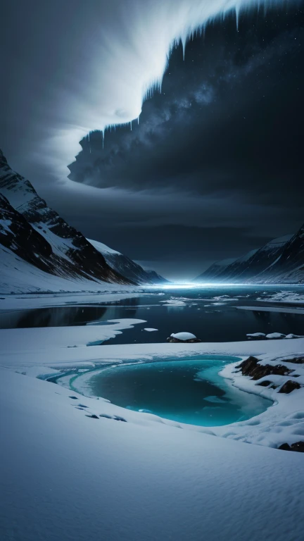 A detailed, realistic landscape of a glacier in the Arctic during the day, with strong winds and falling snow. In the background, a vague and mysterious blue glow emanates from the water, creating a gray and ominous atmosphere. Detailed, realistic landscape, ultra-detailed, 8k, hyperrealistic, photorealistic, cinematic lighting, dramatic lighting, moody lighting, dramatic sky, beautiful clouds, realistic snow, blowing snow, frozen water, icy water, frozen lake, blue glow, glowing water, dark and moody, somber mood, mysterious atmosphere, epic scale, wide angle