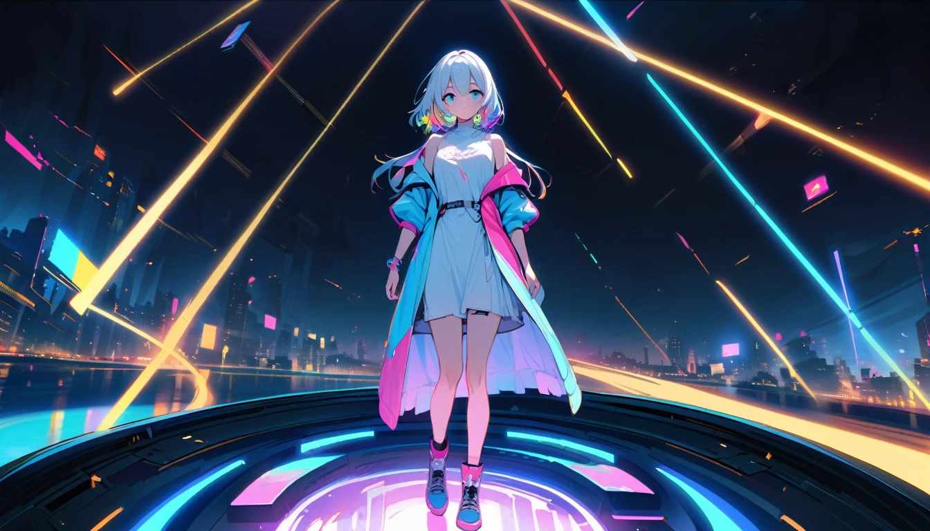 HD 8K Handsome cute, Solitary, 1 female, Medium Length Hair, white hair, Rainbow hair, blue Eyes, Rainbow headphone, white food, Futuristic, panoramic, in the night,