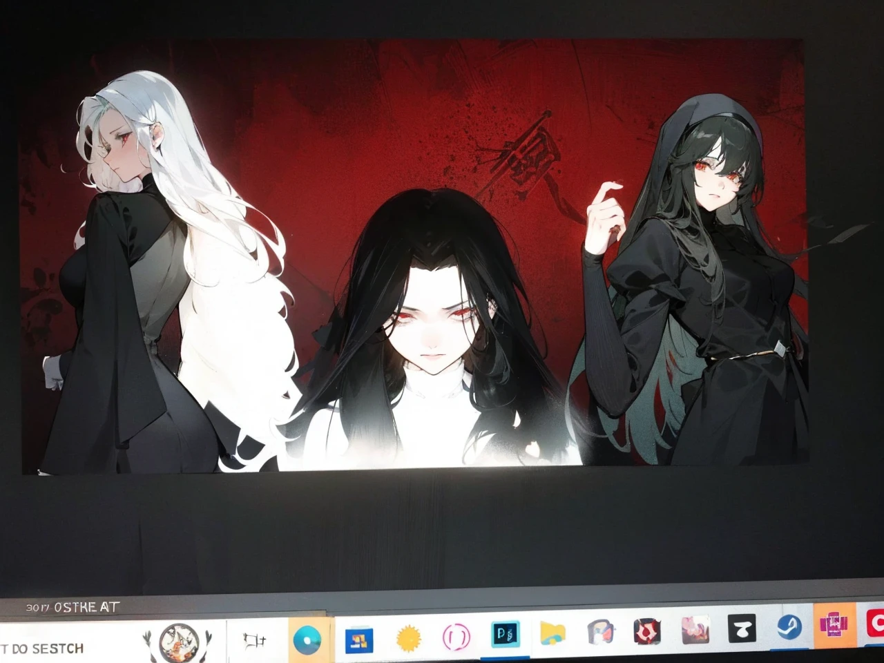 Make an anime poster, has 4 women in it, on the left side a classy dressed beauty with only the colors red and white, has an angelic presence but a demonic personality, she wears a hat on her head and a long mature gown. On the middle, a millitary general with black and white hair, and a blindfold covering her eyes. Behind her in the back, a woman faded in the background, only her eyes red Phoenix can be seen. Finally at the very right side a nun with a blindfold and a church nun fantasy black dress, holding her hands together symbolizing a prayer gesture.