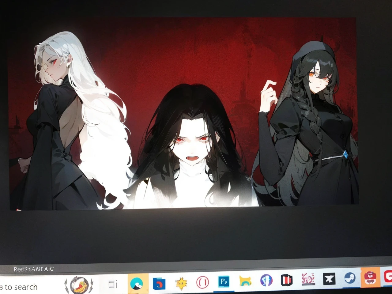 Make an anime poster, has 4 women in it, on the left side a classy dressed beauty with only the colors red and white, has an angelic presence but a demonic personality, she wears a hat on her head and a long mature gown. On the middle, a millitary general with black and white hair, and a blindfold covering her eyes. Behind her in the back, a woman faded in the background, only her eyes red Phoenix can be seen. Finally at the very right side a nun with a blindfold and a church nun fantasy black dress, holding her hands together symbolizing a prayer gesture.