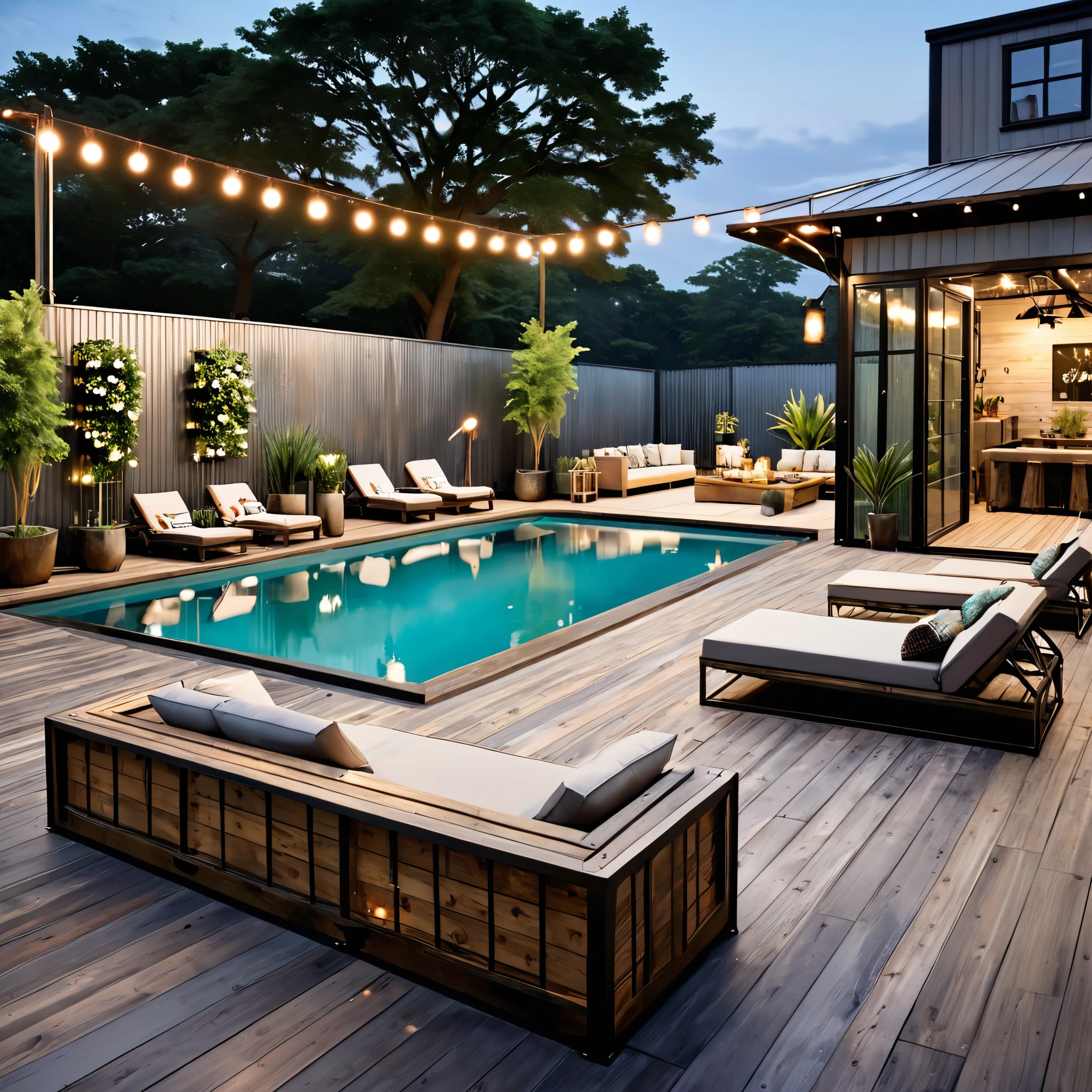 Design an industrial chic outdoor space with a stylish swimming pool. The setting should include a container bar with a rustic, industrial design. Add string lights for ambient lighting, modern furniture with sleek lines for seating and dining, and various potted plants around the pool area. The pool should have clear water with industrial-style lighting, and the overall atmosphere should blend modern elegance with a rugged, industrial aesthetic.