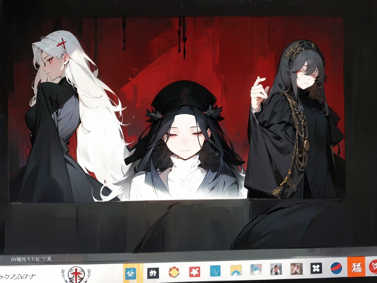 Make an anime poster, has 4 women in it, on the left side a classy dressed beauty with only the colors red and white, has an angelic presence but a demonic personality, she wears a hat on her head and a long mature gown. On the middle, a millitary general with black and white hair, and a blindfold covering her eyes. Behind her in the back, a woman faded in the background, only her eyes red Phoenix can be seen. Finally at the very right side a nun with a blindfold and a church nun fantasy black dress, holding her hands together symbolizing a prayer gesture.