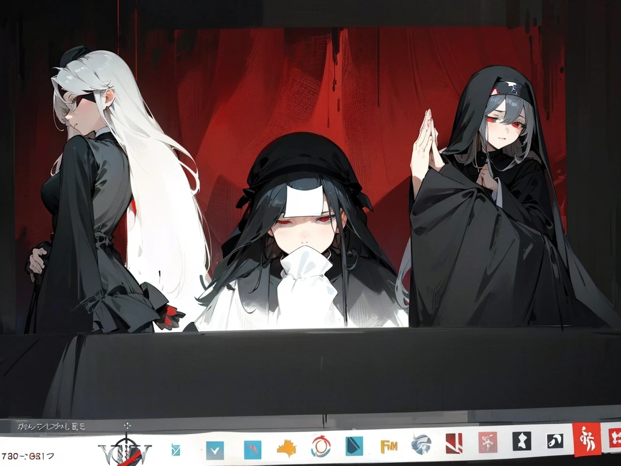 Make an anime poster, has 4 women in it, on the left side a classy dressed beauty with only the colors red and white, has an angelic presence but a demonic personality, she wears a hat on her head and a long mature gown. On the middle, a millitary general with black and white hair, and a blindfold covering her eyes. Behind her in the back, a woman faded in the background, only her eyes red Phoenix can be seen. Finally at the very right side a nun with a blindfold and a church nun fantasy black dress, holding her hands together symbolizing a prayer gesture.