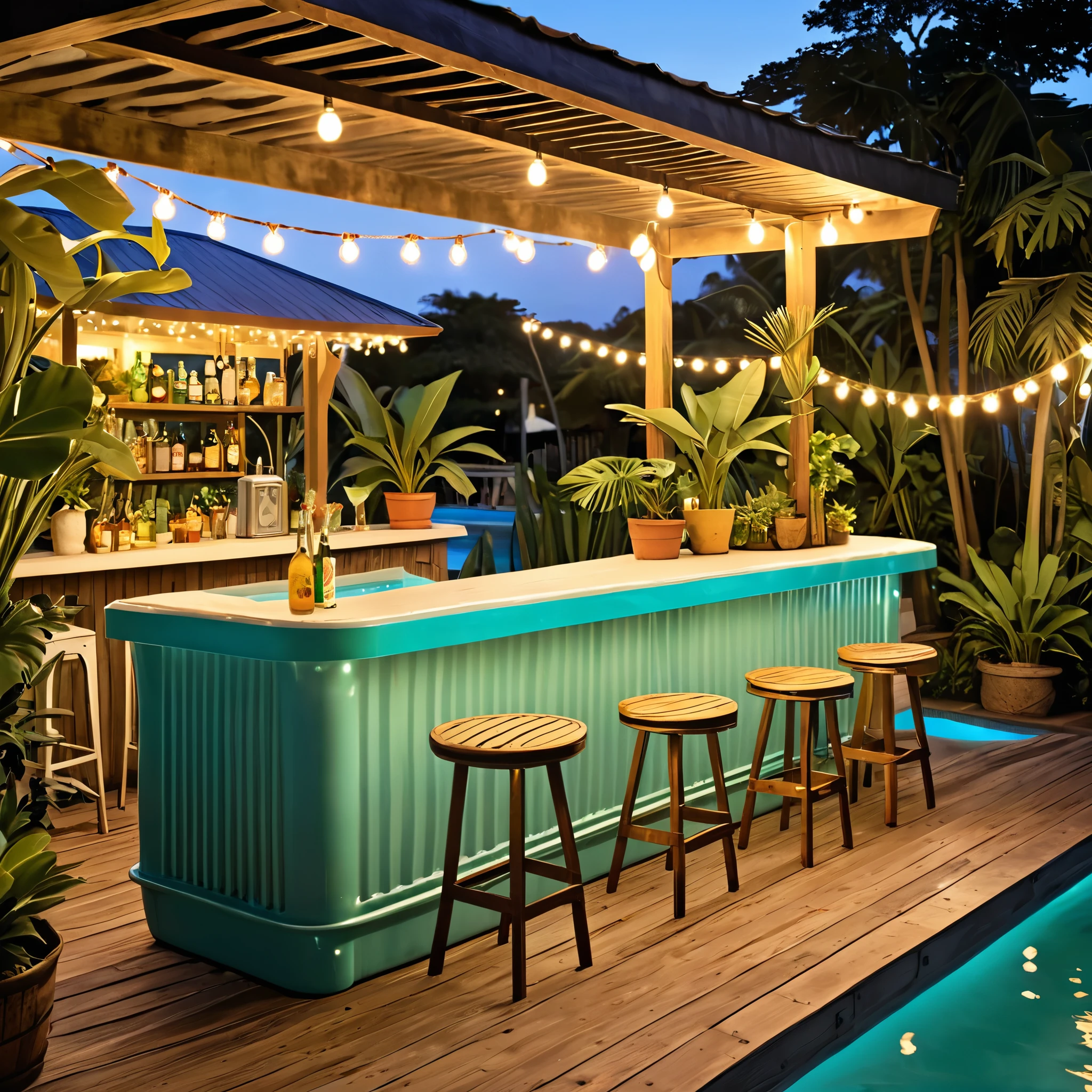 Generate a vintage beach bar-style outdoor space featuring a unique swimming pool. The setting should include a container bar with a retro design. Decorate with string lights for a nostalgic charm, vintage-style furniture for seating and dining, and tropical plants around the pool area. The pool should have clear, reflective water with subtle lighting, and the overall atmosphere should be a mix of vintage charm and beachside relaxation.
