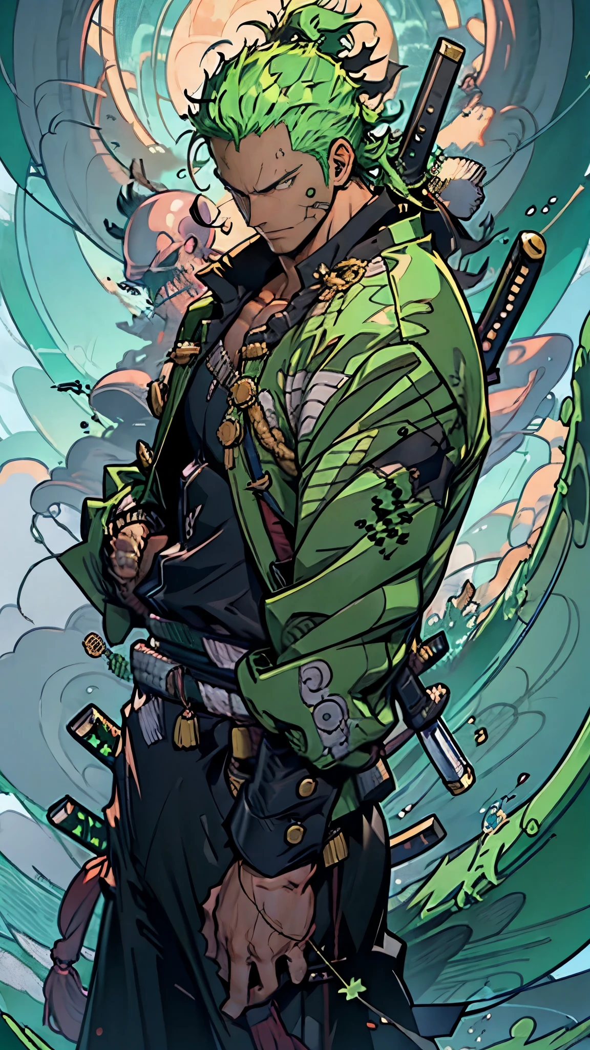 rORONOA Zoro DO ANIME "(ONE PEACE",) standing alone, Looking at Viewer, short hair, long sleeves, 1st grade, GREEN PIRATE suit jacket, upperbody, missiles, male focus, Japanese clothing, green haired, wHater, WAVES, from sideways, scar on left eye, scabbard, scar on the face, Emscabbarddos, (slicked back hair)