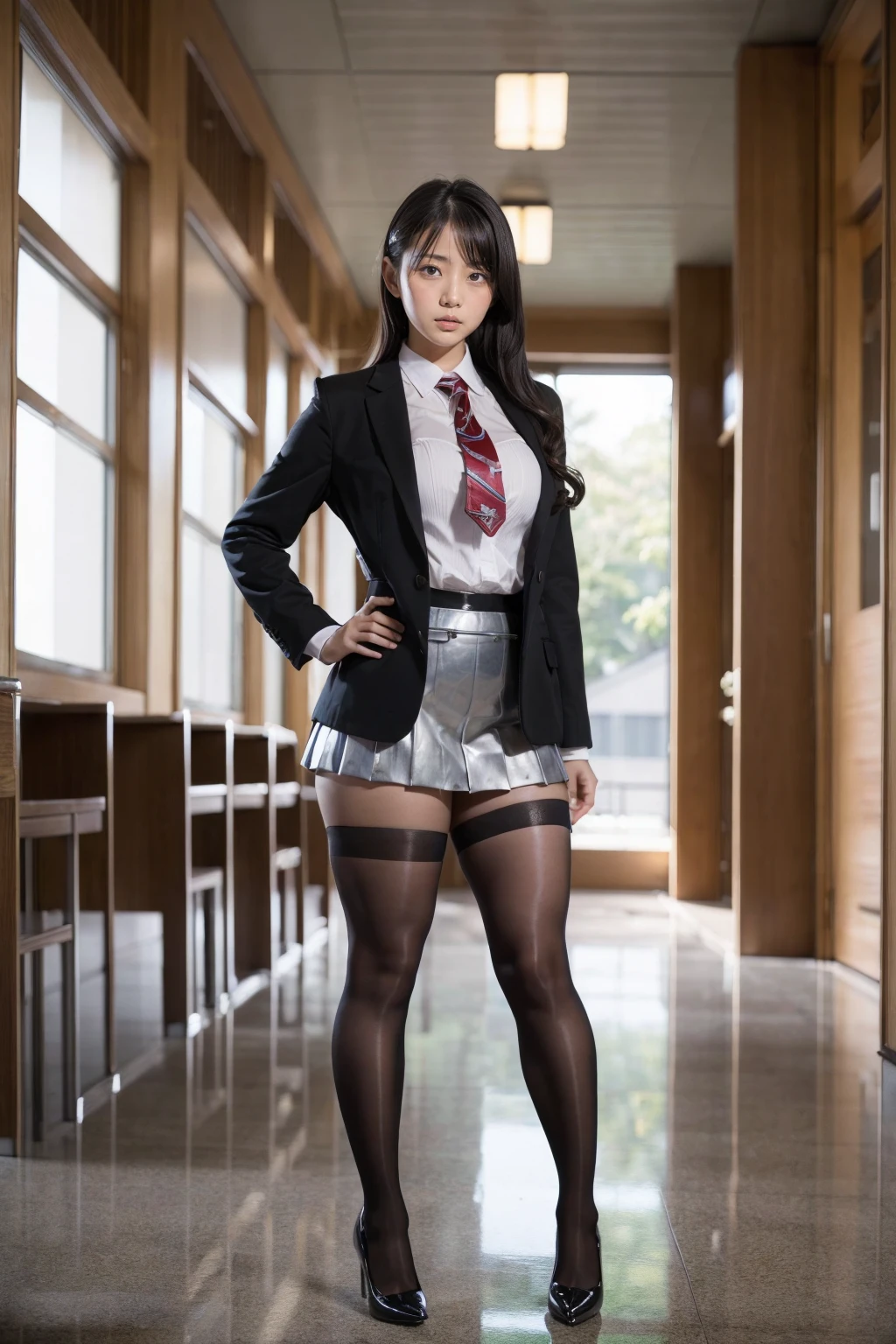koda,brown eyes,black hair, long hair,
blue jacket,striped bow,white shirt,red skirt lift,
looking at viewer,light smile,black underwear,pantyhose,
classroom,from below,
standing,
(insanely detailed,masterpiece, best quality),solo,<lora:KodaMami:0.8>,