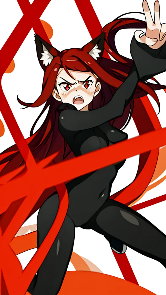1girl ,20s,angry face,black bodysuit,(red hair),long hair,fox ears, sunny, park,peace_sign