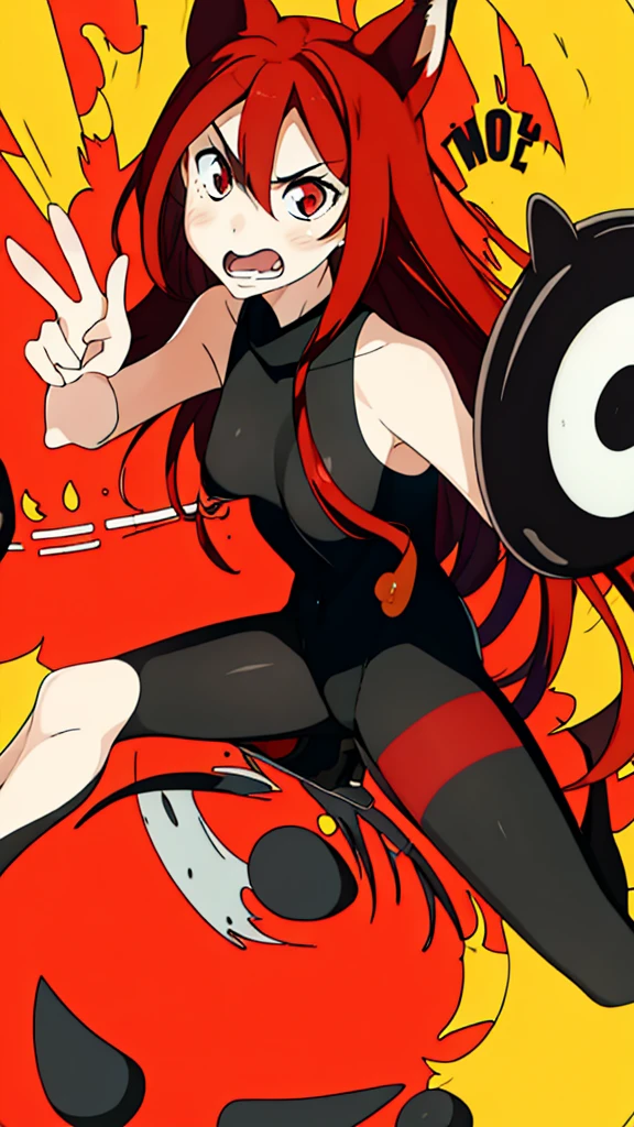 1girl ,20s,angry face,black bodysuit,(red hair),long hair,fox ears, sunny, park,peace_sign