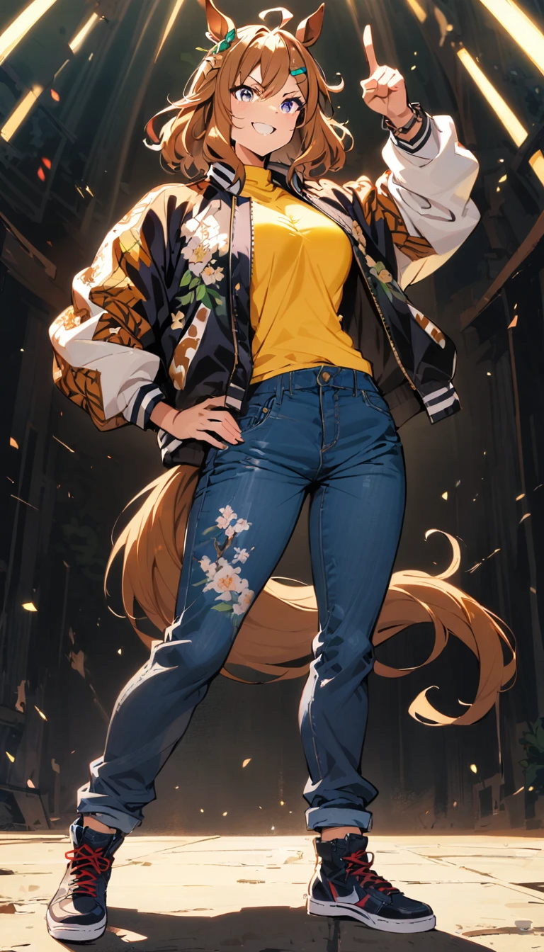 (8k, RAW photo, highest quality, masterpiece), (solo, 1 girl, ahoge: 1.2), ink painting, Uma Musume, shine, horse ears, horse tail, Uma Musume, 5 fingers, dynamic lighting, High resolution, sharp focus, depth of field, fashionable, elegance, charming, seductive, gorgeous, stunning, beautiful, charming, cute, beautiful detailed face, beautiful detailed eyes, soft expression, slim beautiful figure, Curvy, hourglass shape, large bust, slender arms, graceful hands, delicate fingers, slender wrists, elegant neck, smooth skin, dynamic angles, perfect composition, Perfect anatomy, natural fingers, 5 fingers,((jungle pocket \(umamusume\),Short hair, chestnut colored hair, black hairpin,full body, hand on hip, ear ornament, hairclip, Confident, triumphant, bullish expression,Sukajan, jumper,Satin,Yellow T-shirt, blue shorts, denim pants
