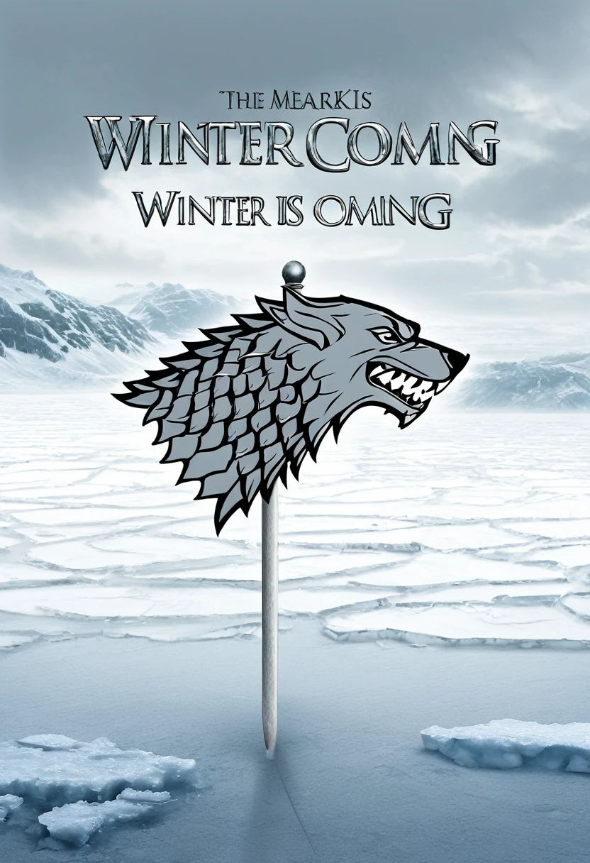 The banner of house stark: A grey direwolf on an ice-white field with the words Winter Is Coming