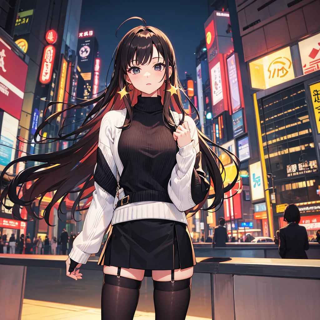 high quality，masterpiece，Knitted sweater，mini skirt，black tights，Tokyo nightlife，