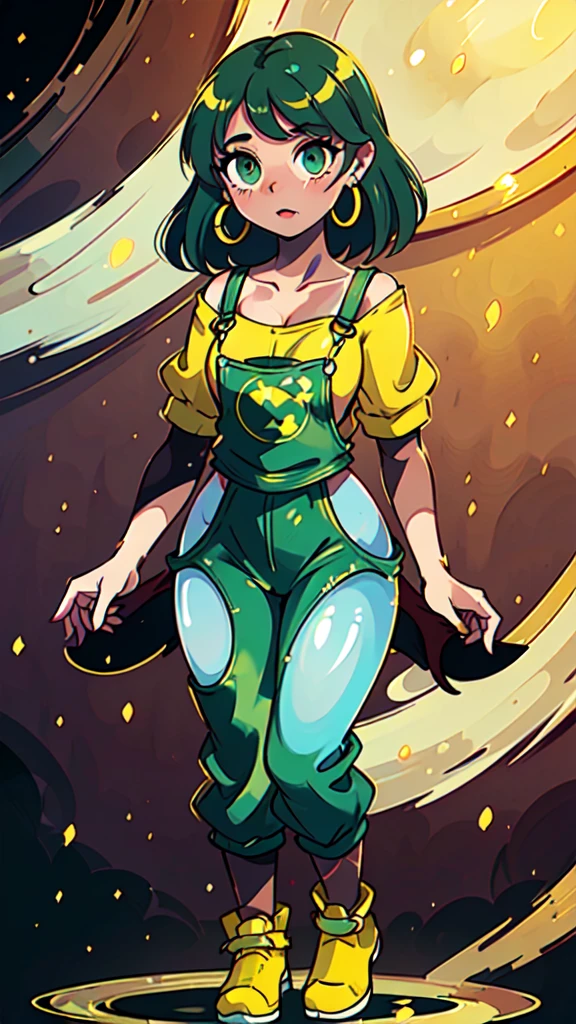 masterpiece, best quality,1girl, ((young girl)), ((large round magical green eyes)), shiny skin, (thin waist), (long curlly green hair), ((curvy)), ((wide hips)), ((hoop earrings)), ((small size)) , ((( yellow overalls))), hot, soft natural lighting, reflections, bright illuminations, deep dark black skin, ((yellow outfit)), full body