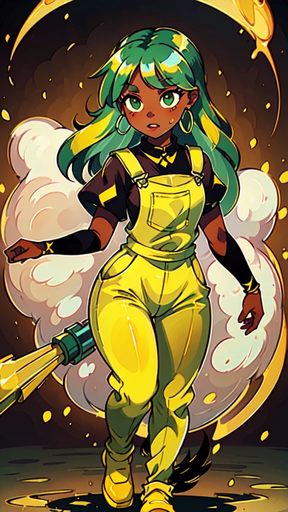 masterpiece, best quality,1girl, (( girl)), ((large round magical green eyes)), shiny skin, (thin waist), (long curlly green hair), ((curvy)), ((wide hips)), ((hoop earrings)), ((small size)) , ((( yellow overalls))), hot, soft natural lighting, reflections, bright illuminations, deep dark black skin, ((yellow outfit)), full body