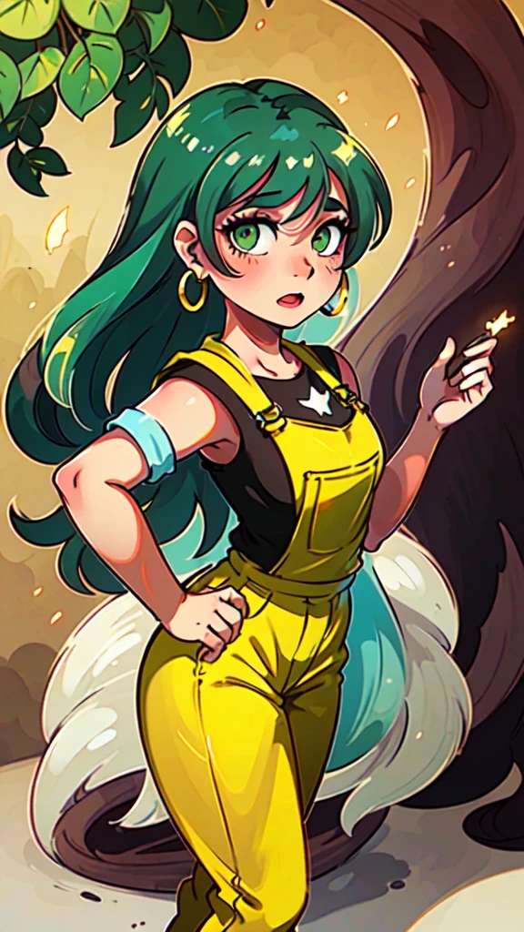 masterpiece, best quality,1girl, ((young girl)), ((large round magical green eyes)), shiny skin, (thin waist), (long curlly green hair), ((curvy)), ((wide hips)), ((hoop earrings)), ((small size)) , ((( yellow overalls))), hot, soft natural lighting, reflections, bright illuminations, deep dark black skin, ((yellow outfit)), full body