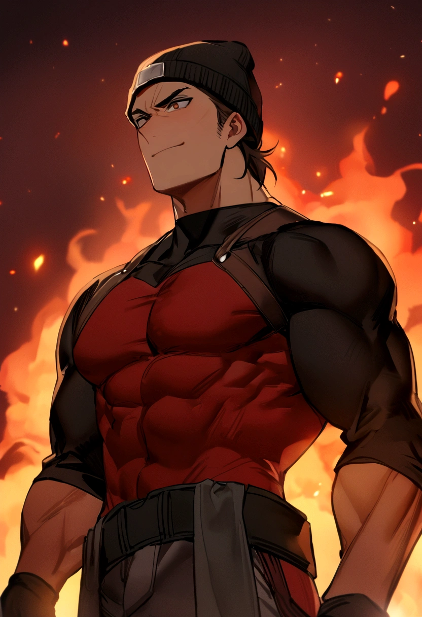 in an image, two boys appear: (A boy (muscular man with short black hair without a hat and with a red shirt) and at his side another boy (medium long brown hair has a black beanie hat, he has black clothes) and they are both in a background of fire, both of them have an angry face, smiling. )