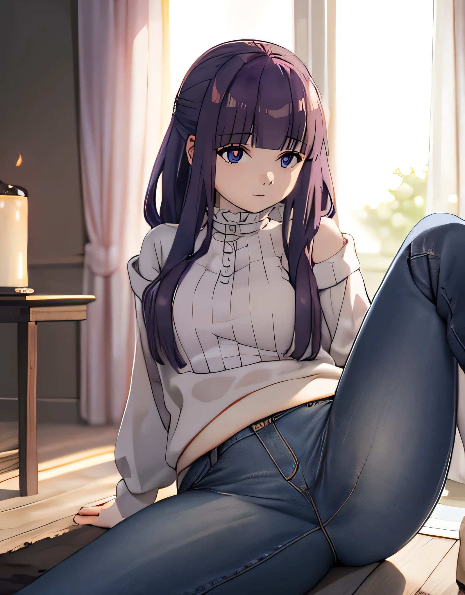 (Highest quality, masterpiece),sexy,  erotic, 1 Girl, 18-year-old, despise, pride, Long purple hair, ((Purple eyes)), White Skirt,,Looking at the audience, Medieval Tavern, (close), ((Dark Room)), Sweat, Candlelight, ((blush)), Off the shoulder, Split, floor(((High resolution)))、(((masterpiece)))、Beautiful Japanese Girl、Perfect Face、Cute face、(Plump thighs)、((turtleneck))、(((jeans)))、office、((Sexual Panties:0.9))、((Spread your legs wide:1.4))、